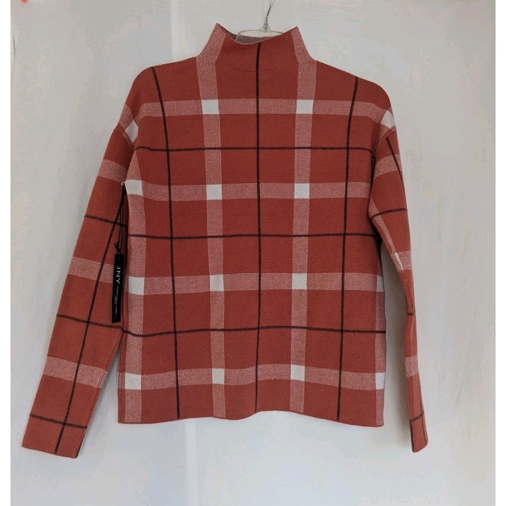 JNY Jones New York Pullover Sweater Womens XS Amber Plaid Mock Neck NWT